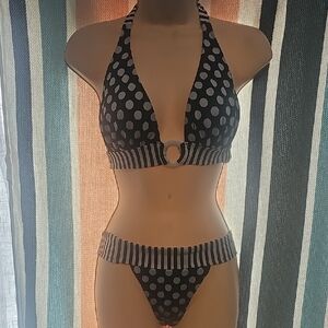 Polka Dot Halter Bikini Set - Black/White
